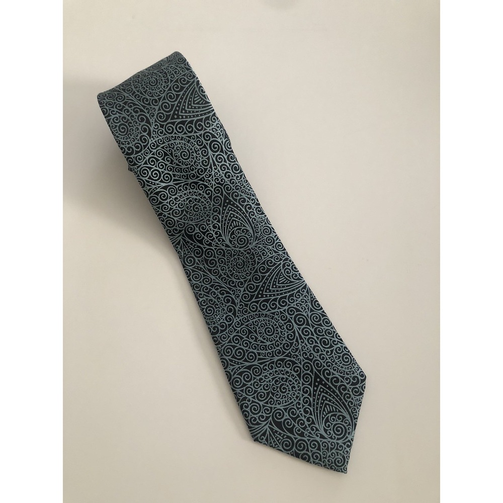 Paul Fredrick Mens Silk Necktie Teal Blue Black Paisley Scroll Woven Formal Tie